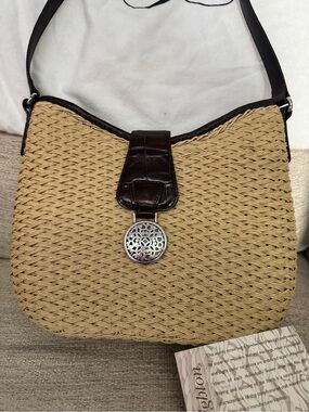Brighton Tan Woven Shoulder Bag with Dark Brown Trim